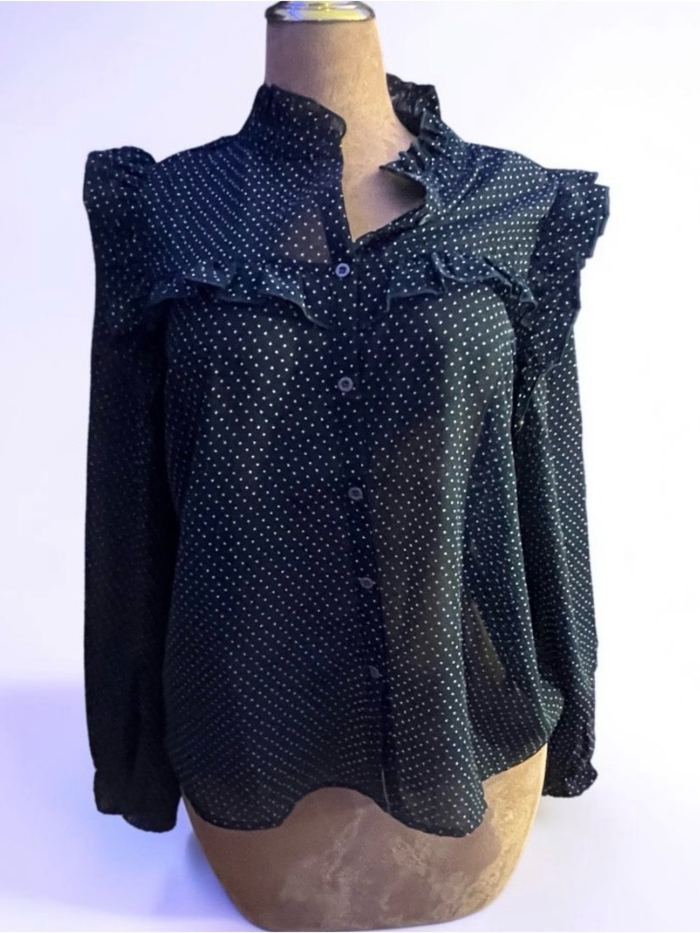 Polka Dot Ruffle Button-Front Women's Blouse - Black